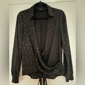 Current Air Women's Faux Wrap Blouse Sz Small Black Star WhimsyGoth Oversized
